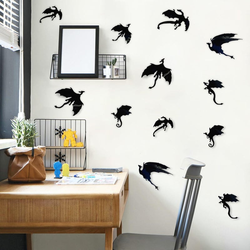 MEFOSS 14 PCS 3D Dragon Wall Decals Creative Dragon PVC Wall Stickers Self-Adhesive Dragon Wall Art Decor for Kids Room Playroom Classroom Holiday Decoration, Black, DD008 - Image 1